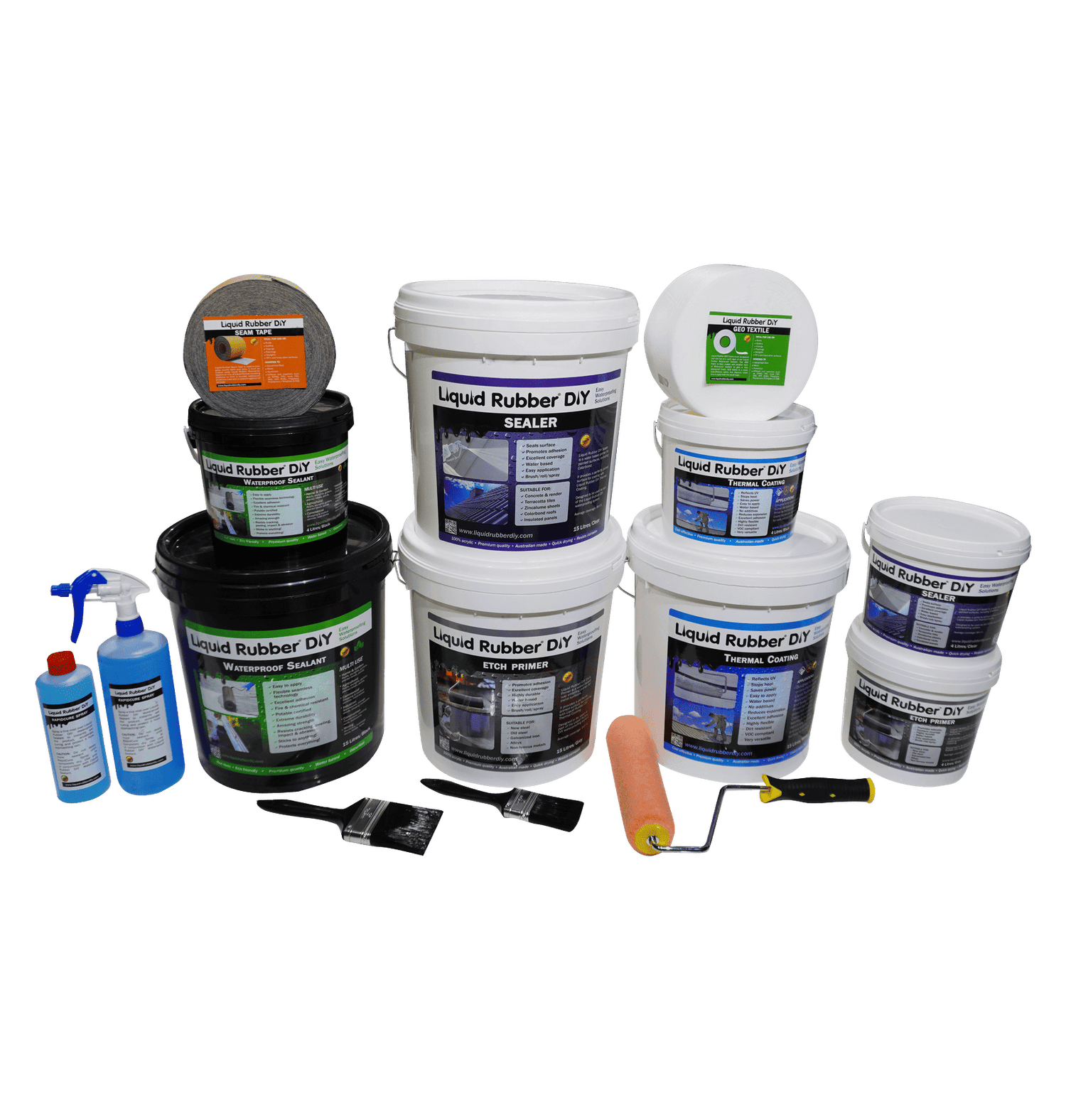 Collection of all Liquid Rubber DIY Waterproofing Products including brushes and rollers.