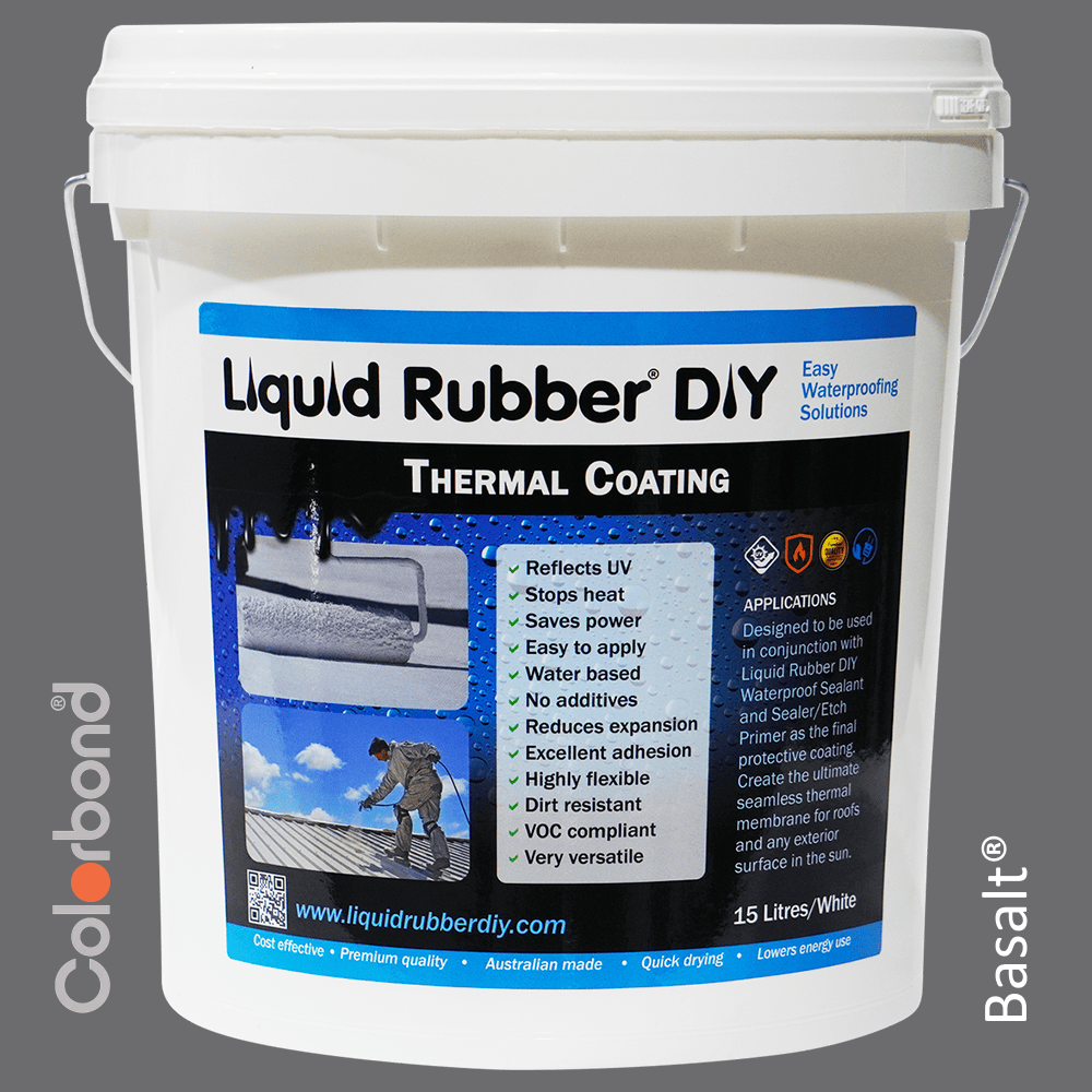 15L Bucket of Liquid Rubber DIY Thermal Coating in Colorbond colour Basalt used to coat roofs to protect agains UV rays and heat and for roof restoration.