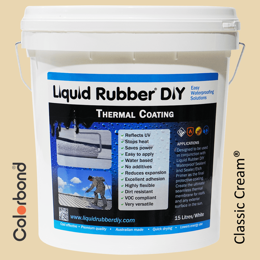 15L Bucket of Liquid Rubber DIY Thermal Coating in Colorbond colour Classic Cream used to coat roofs to protect agains UV rays and heat and for roof restoration.