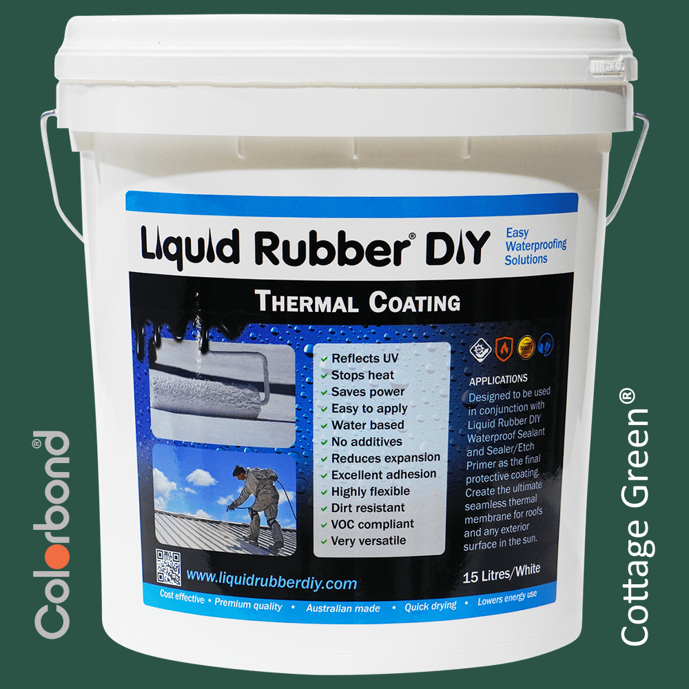 15L Bucket of Liquid Rubber DIY Thermal Coating in Colorbond colour Cottage Green used to coat roofs to protect agains UV rays and heat and for roof restoration.