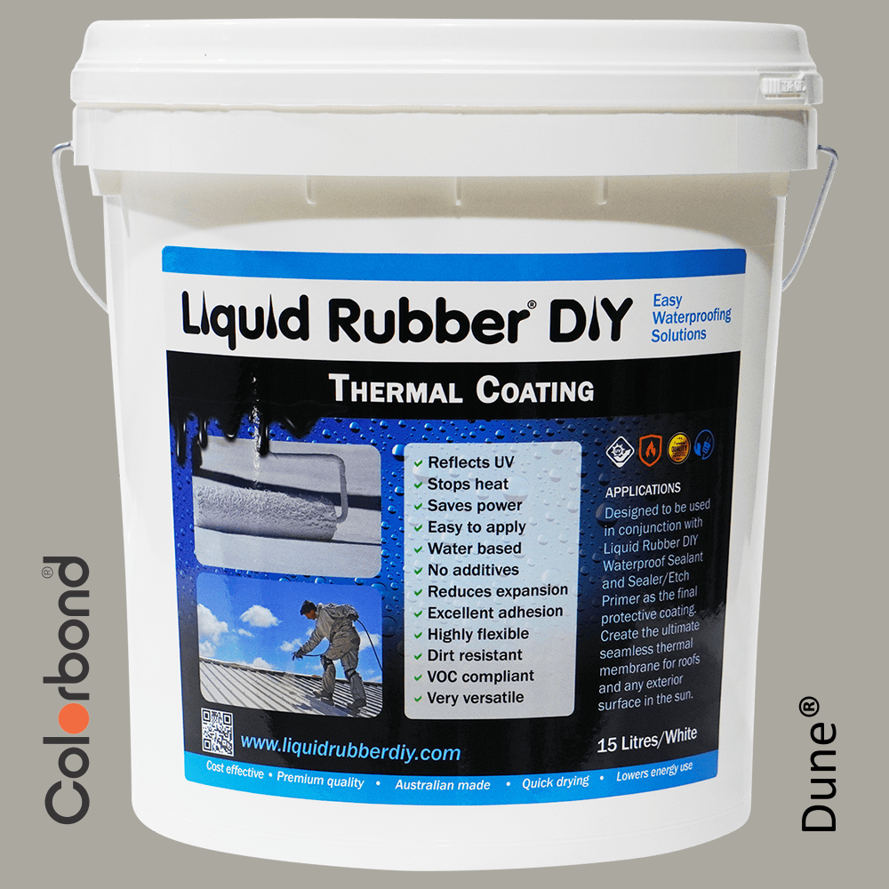 15L Bucket of Liquid Rubber DIY Thermal Coating in Colorbond colour Dune used to coat roofs to protect agains UV rays and heat and for roof restoration.