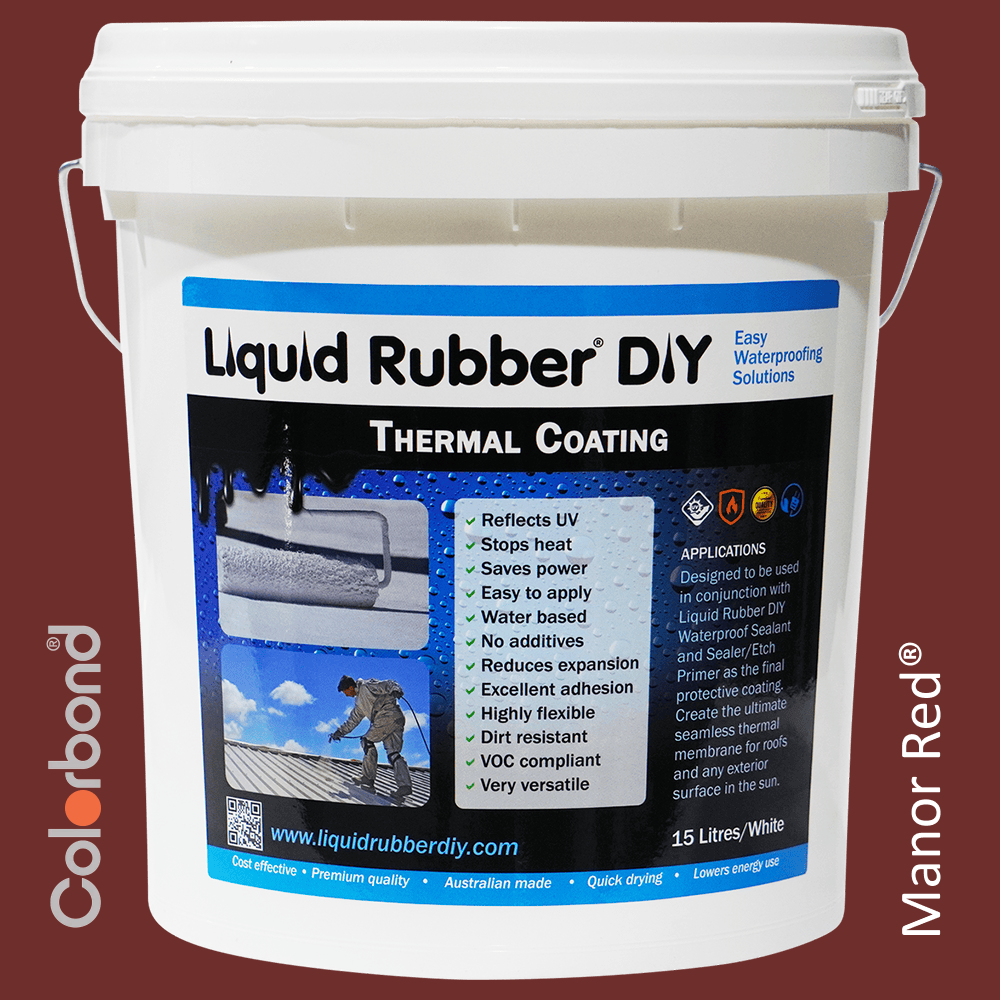15L Bucket of Liquid Rubber DIY Thermal Coating in Colorbond colour Manor Red used to coat roofs to protect agains UV rays and heat and for roof restoration.