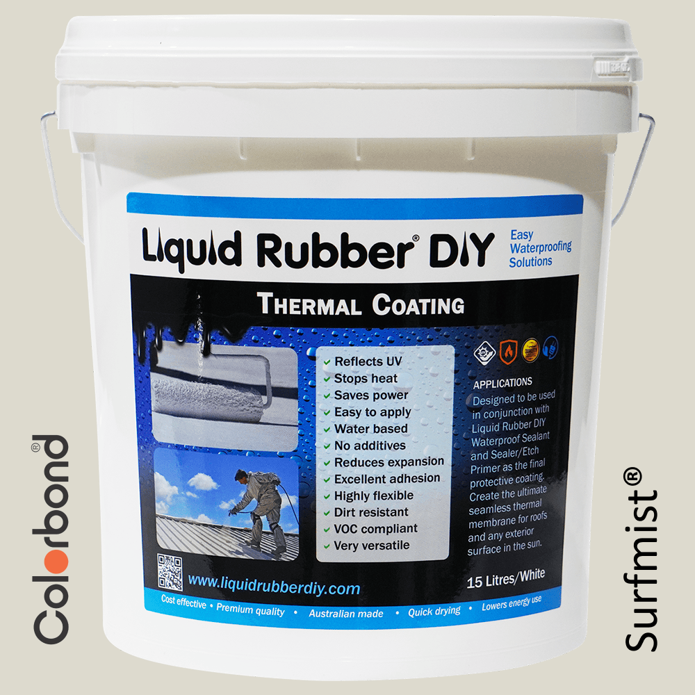 15L Bucket of Liquid Rubber DIY Thermal Coating in Colorbond colour Surfmist used to coat roofs to protect agains UV rays and heat and for roof restoration.