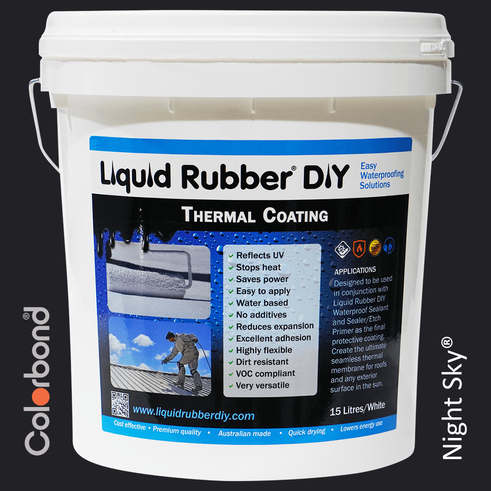 15L Bucket of Liquid Rubber DIY Thermal Coating in Colorbond colour Night Sky used to coat roofs to protect agains UV rays and heat and for roof restoration.